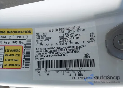 2021 Ford Bronco Sport Outer Banks from USA, damaged, VIN 3FMCR9C67MRA78218